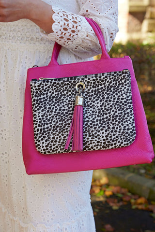 orchid pink dahlia two in one tote bag with dalmation spot ivy clutch attached