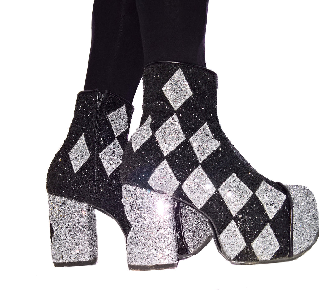 black glitter platform boots