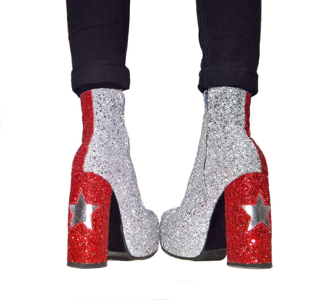 silver glitter platform boots