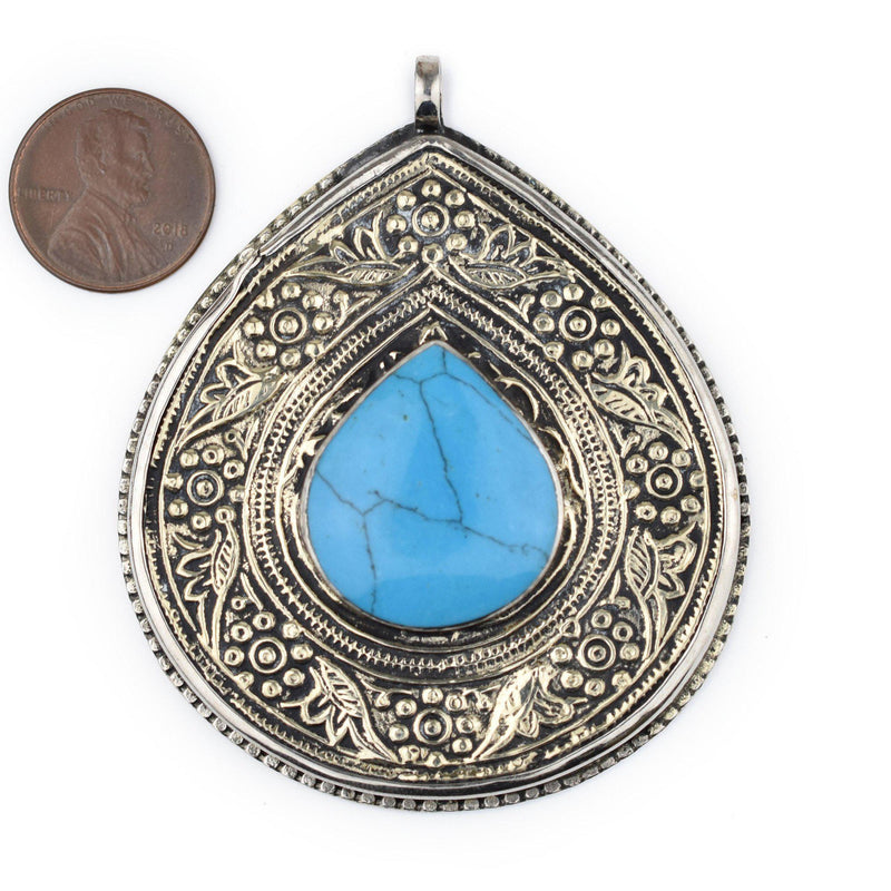 Premium Turquoise-Inlaid Afghan Tribal Pendant (56x69mm) – The Bead Chest