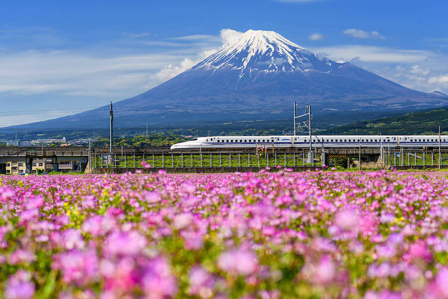Japanese bullet train with Mount Fuji