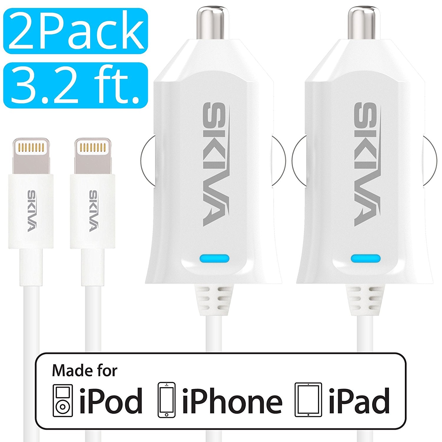 Apple MFi Certified [2-Pack] Skiva 12W  PowerFlow Rapid Car Charge