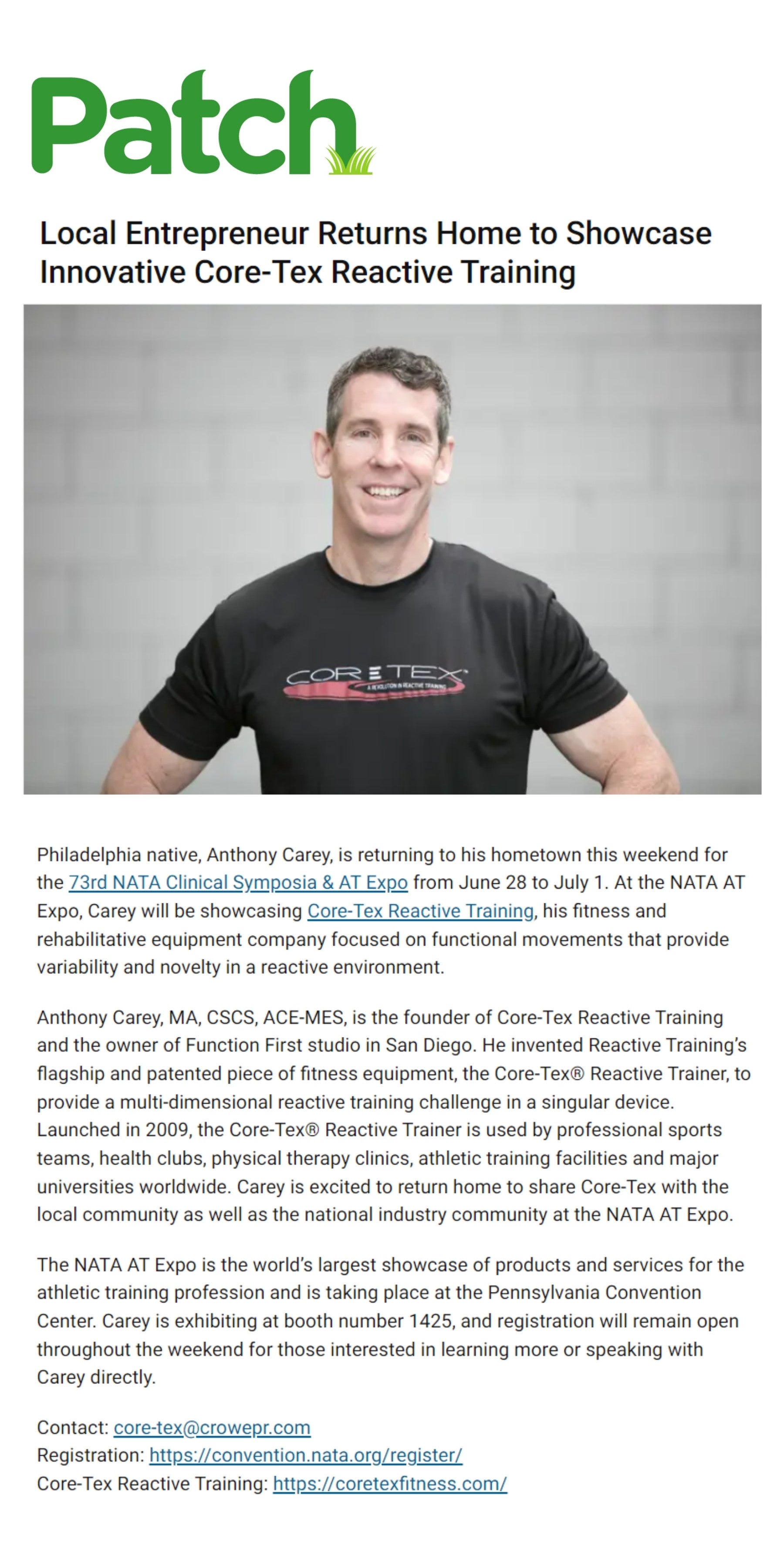 Anthony Carey, founder of Core-Tex Reactive Training, featured in Patch Philadelphia