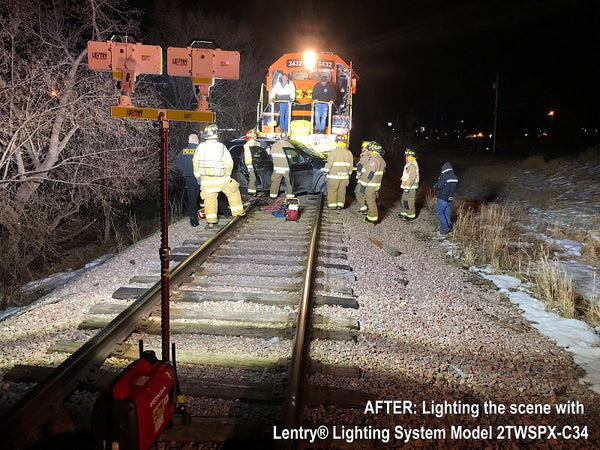After picture of the 2-Headed Lentry Lighting system lighting the scene of a train vs. car accident