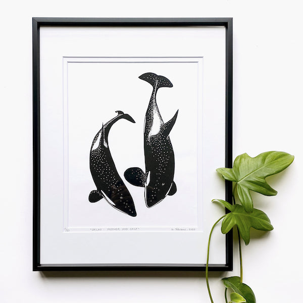 Orcas: Mother and Calf Linocut