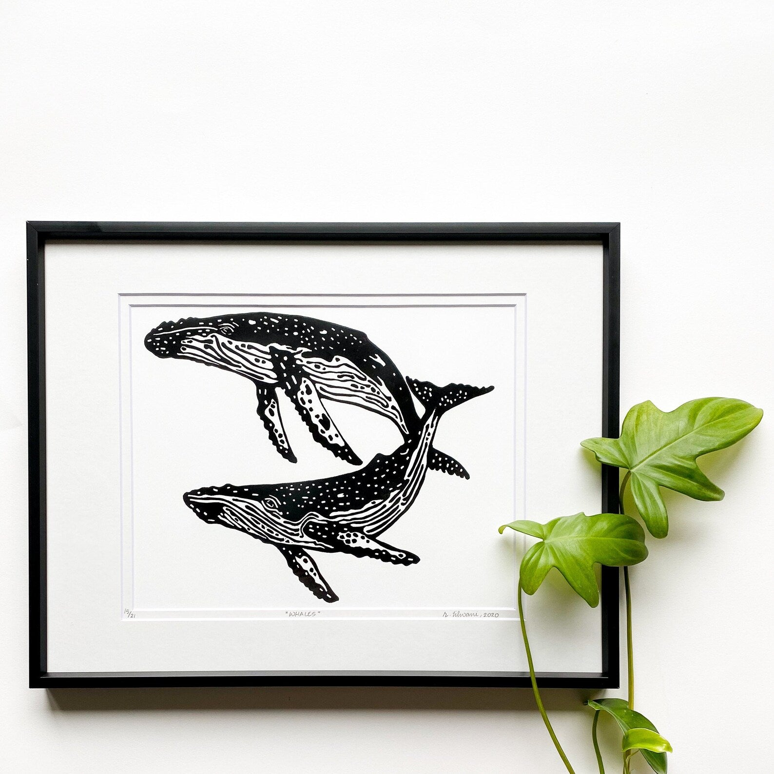 Whales Linocut