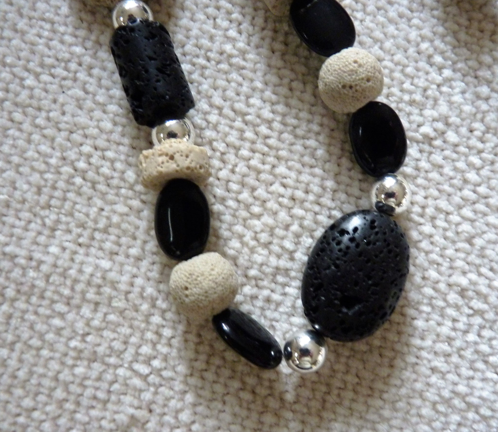 Black and Cream Lava and Agate Silver Necklace and Earring Set