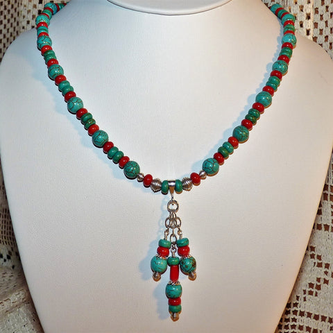Turquoise and Coral Southwestern Style Silver Necklace and Earring Set ...