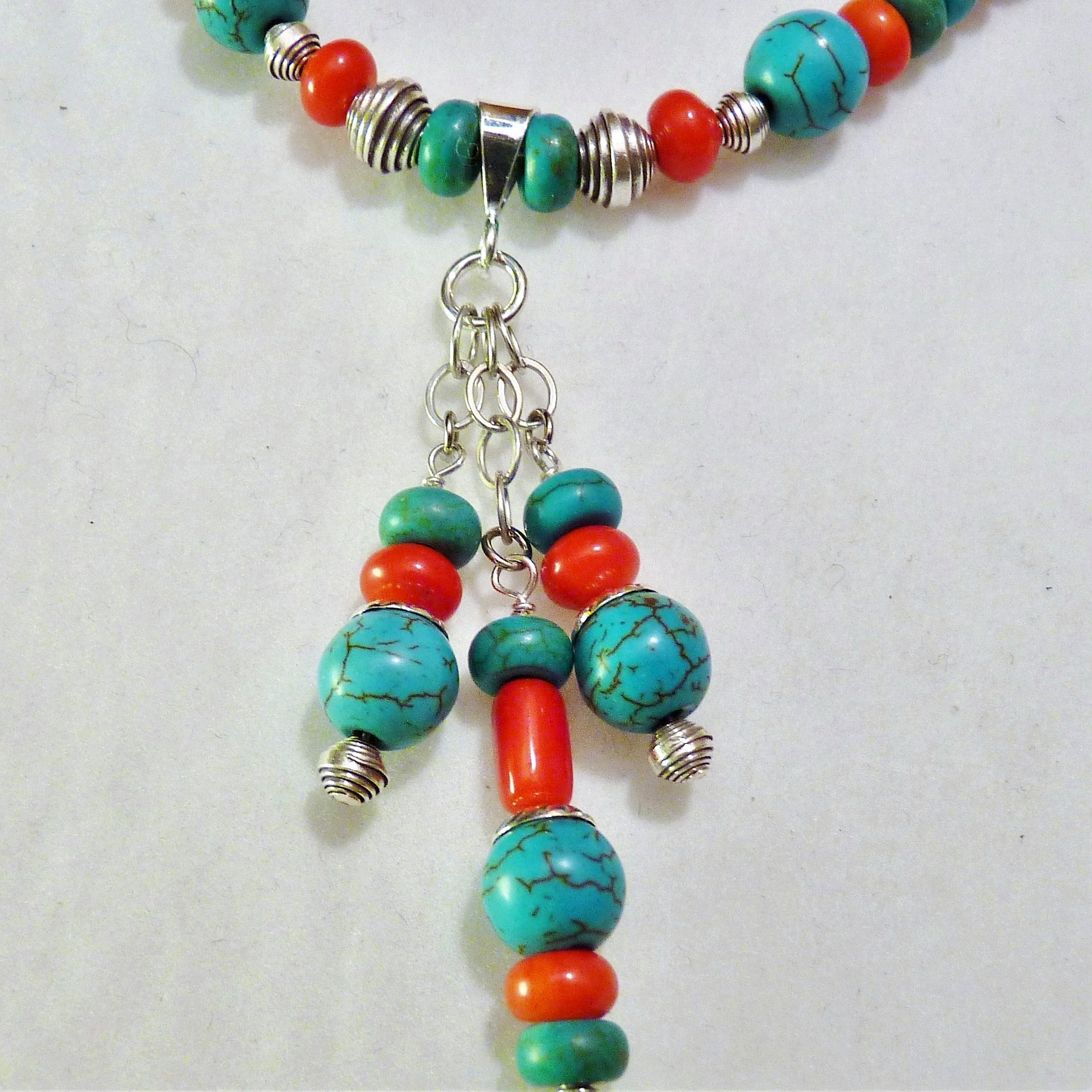 Turquoise and Coral Southwestern Style Silver Necklace and Earring  Set