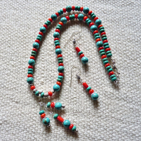 Turquoise and Coral Southwestern Style Silver Necklace and Earring Set ...