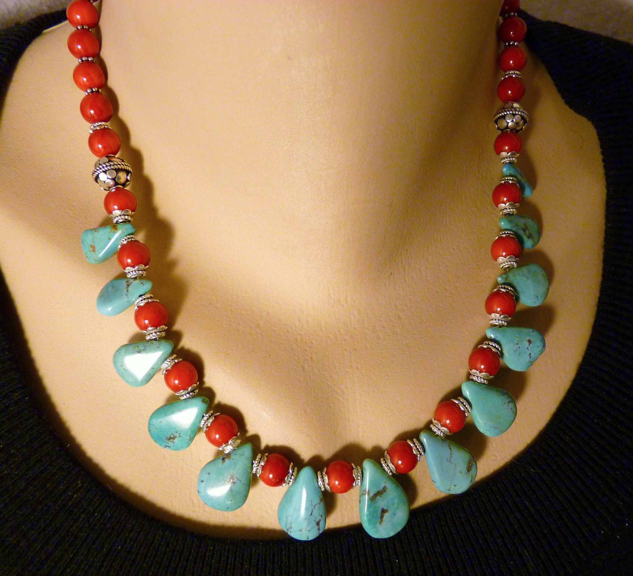 Southwestern Turquoise Teardrop and Coral with Sterling Necklace