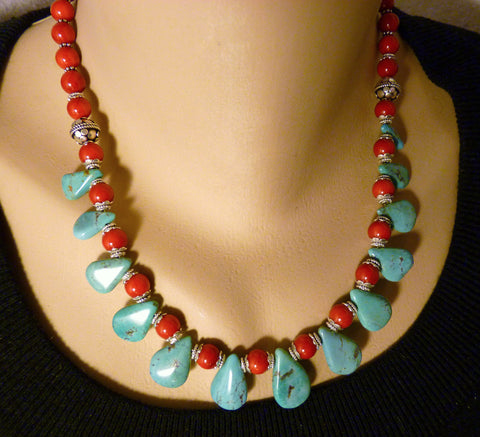 Southwestern Turquoise Teardrop and Coral with Sterling Necklace ...