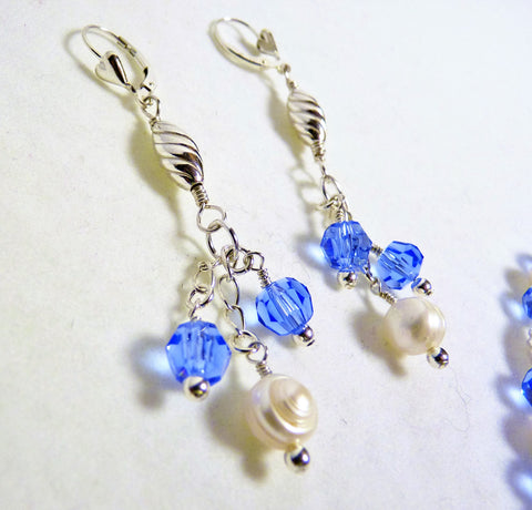 Sapphire Blue Swarovski Crystals, Pendant and Pearls Sterling Silver S ...
