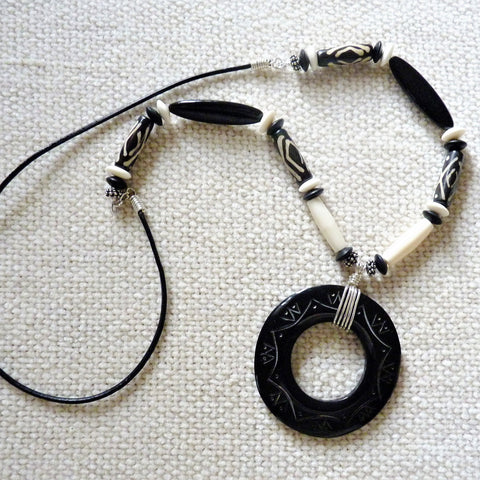 Black Horn Pendant and Batik Bone African Trade Beads Sterling Necklac ...