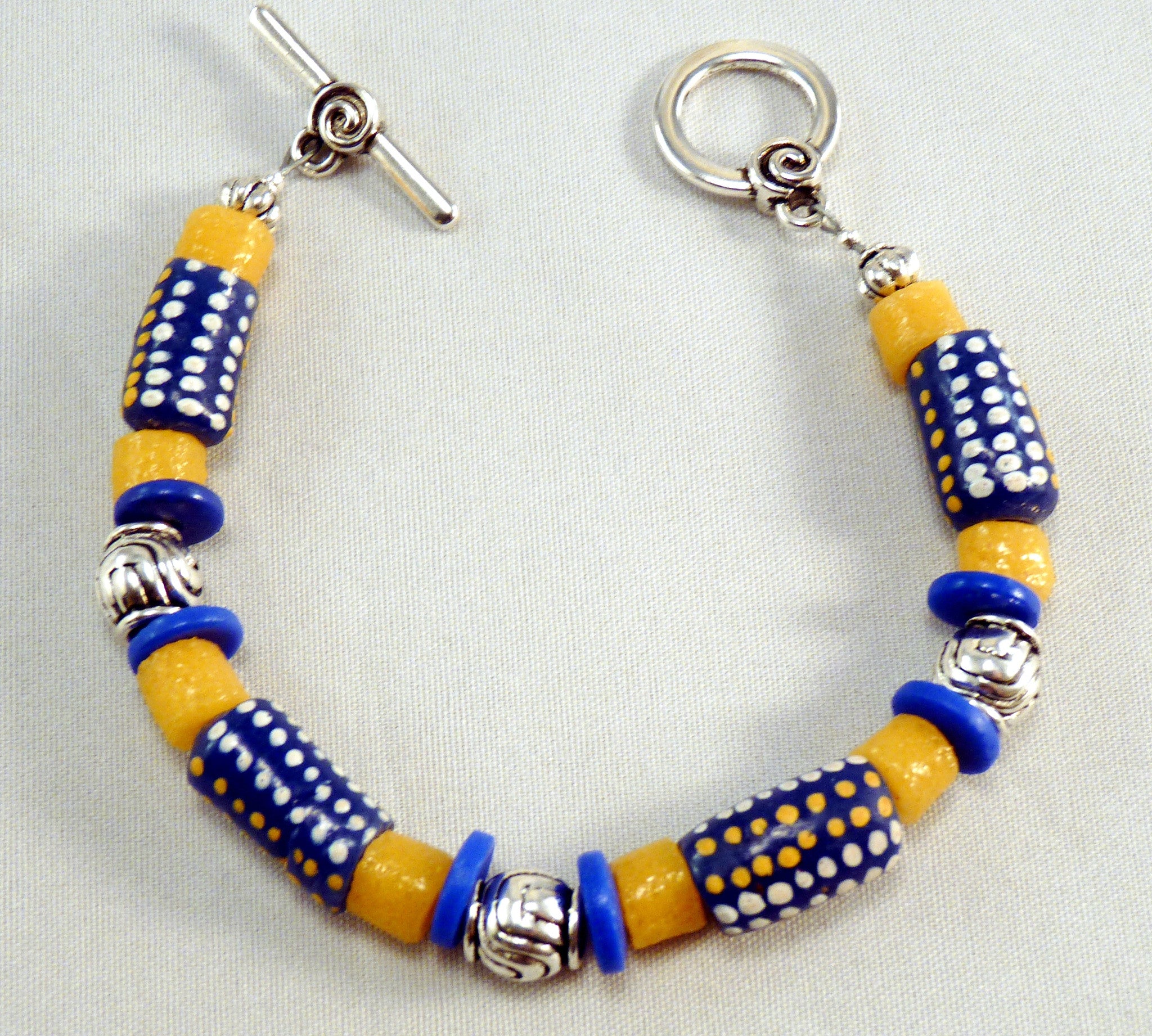 Colorful Cobalt Blue Krobo African Trade Beads and Silver Bracelet