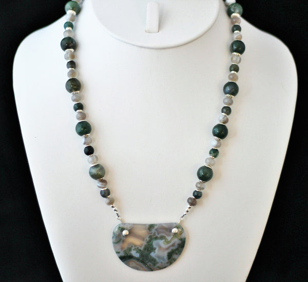 Green White and Gray Moss Agate Pendant and Beads Sterling Necklace ...