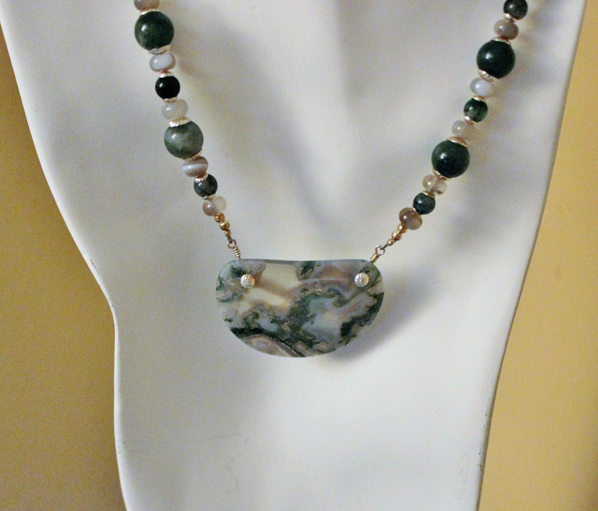 Green White and Gray Moss Agate Pendant and Beads Sterling Necklace