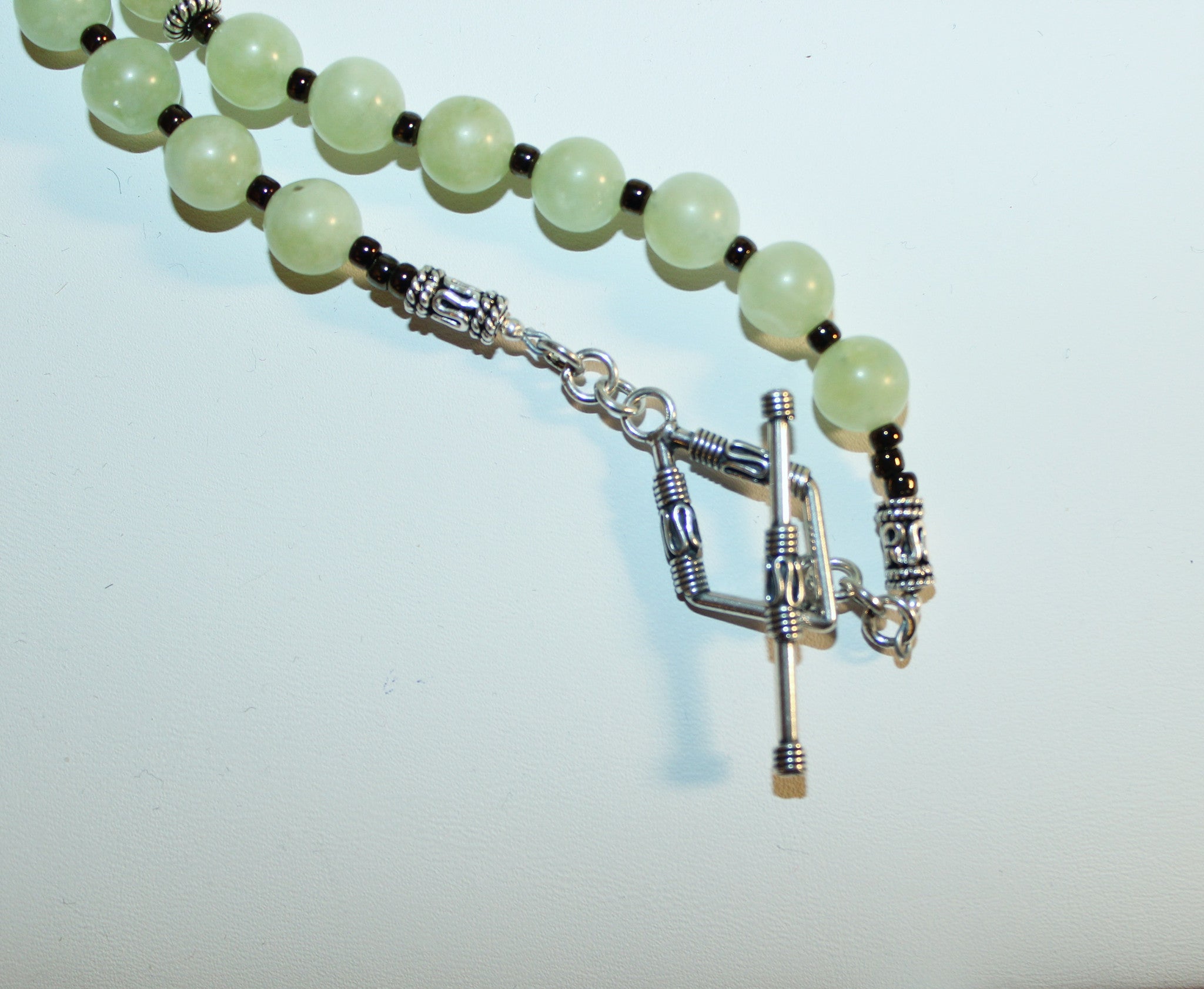 Mint Green and Mocha Ribbon Jasper, Serpentine and Brown Pearls Long Sterling Necklace