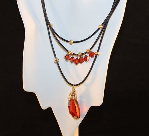 Red Magma Swarovski Pendant and Crystals on Black Leather Necklace ...