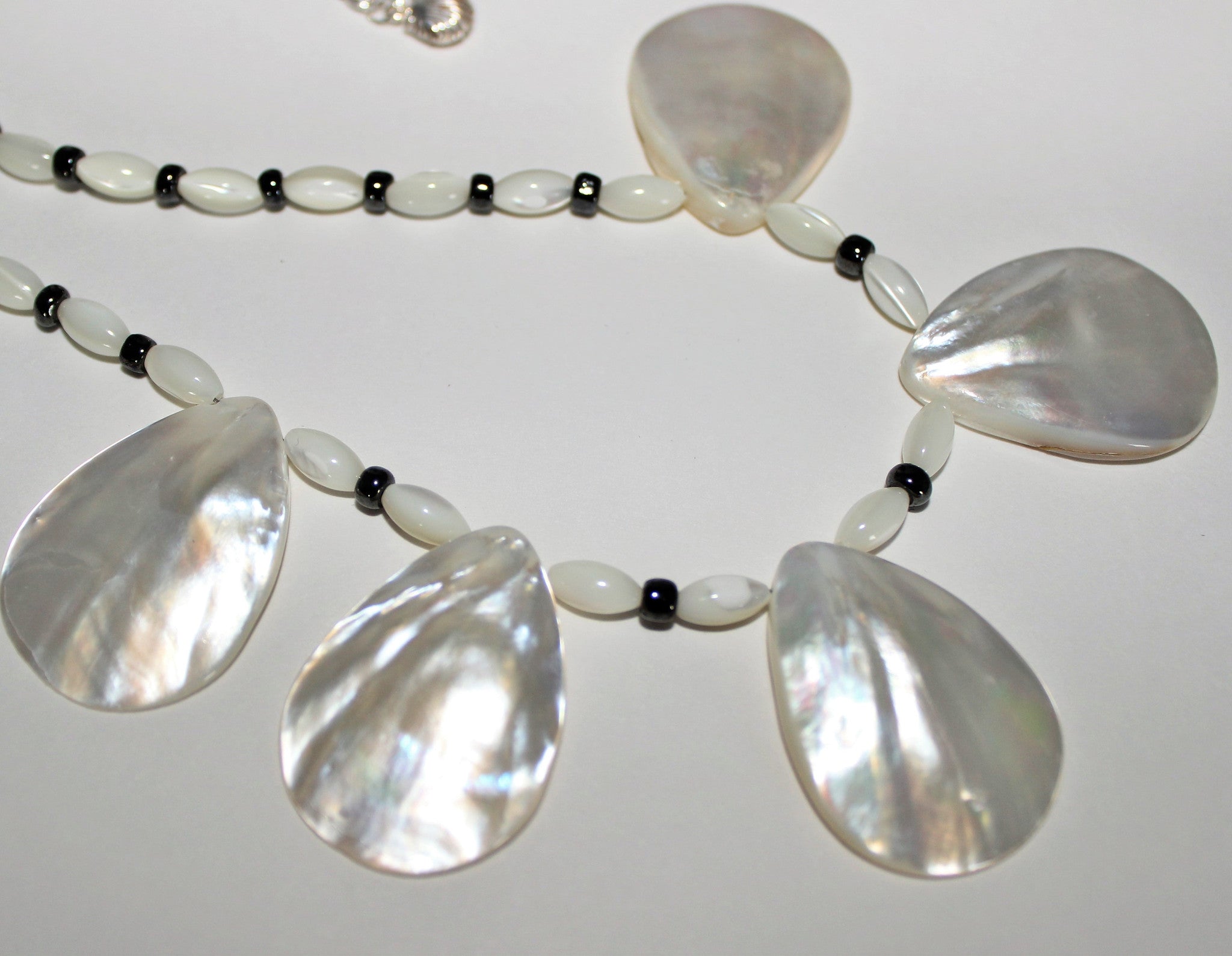 Teardrop Mother of Pearl Pendant Beads, Black Seed Beads Sterling Necklace and Earrings