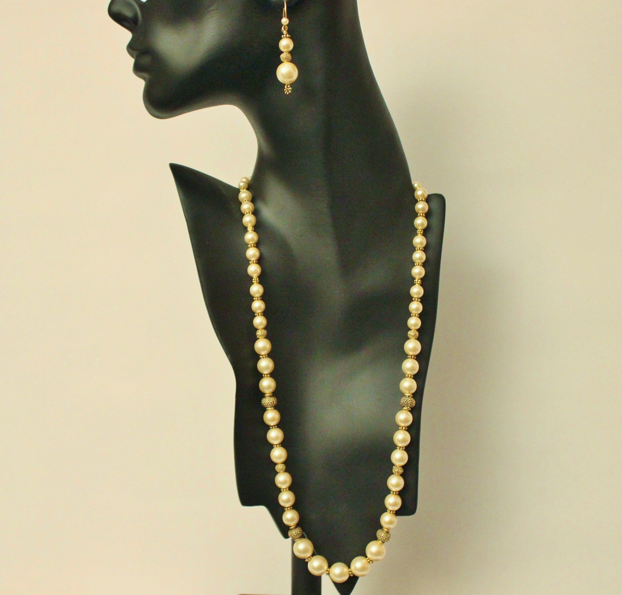 Swarovski Light Gold crystal Pearl and Antique Gold Plated Pewter Necklace and Earring Set