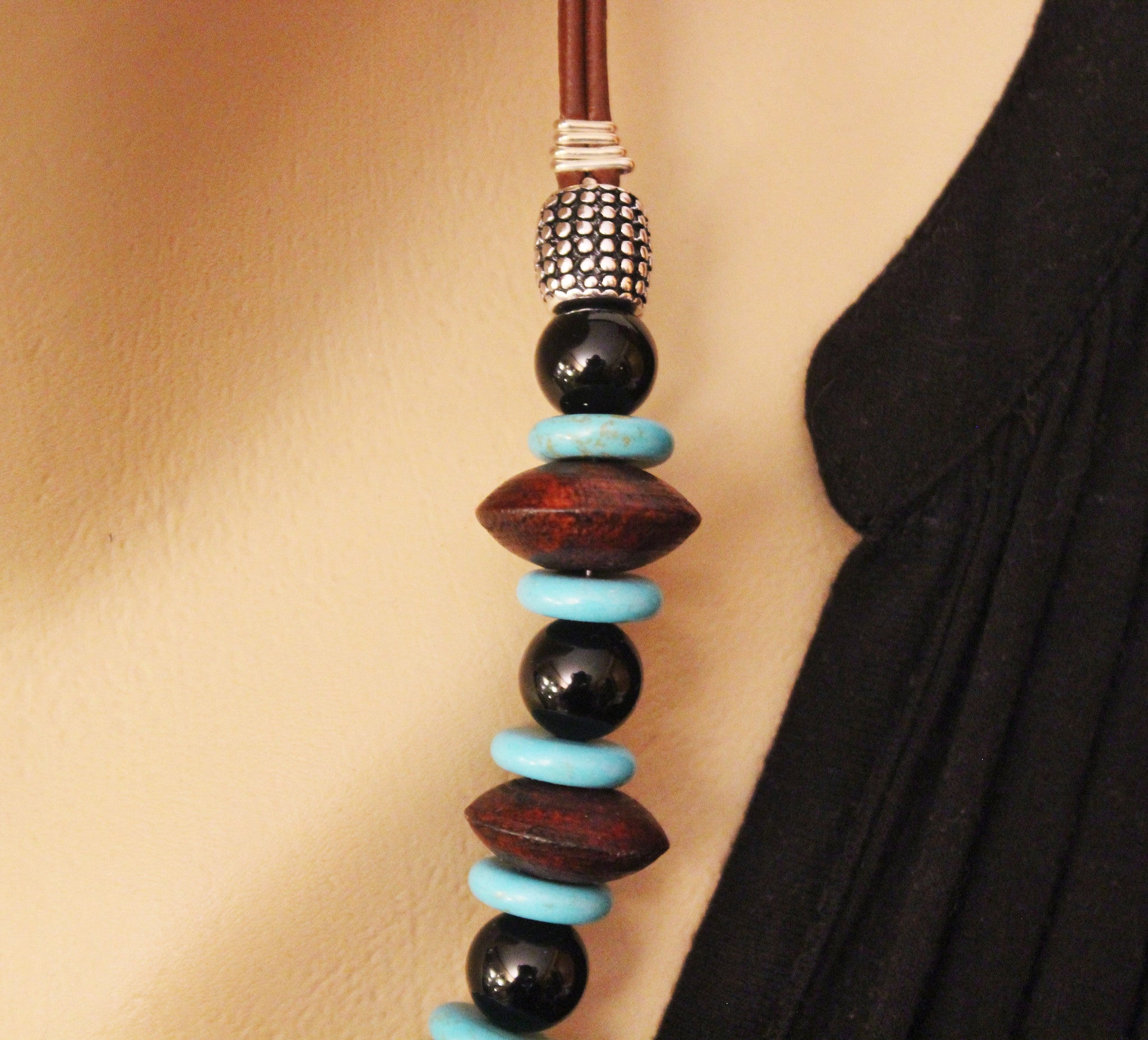 Turquoise with Sono Wood and Black Onyx on Leather Cord Necklace