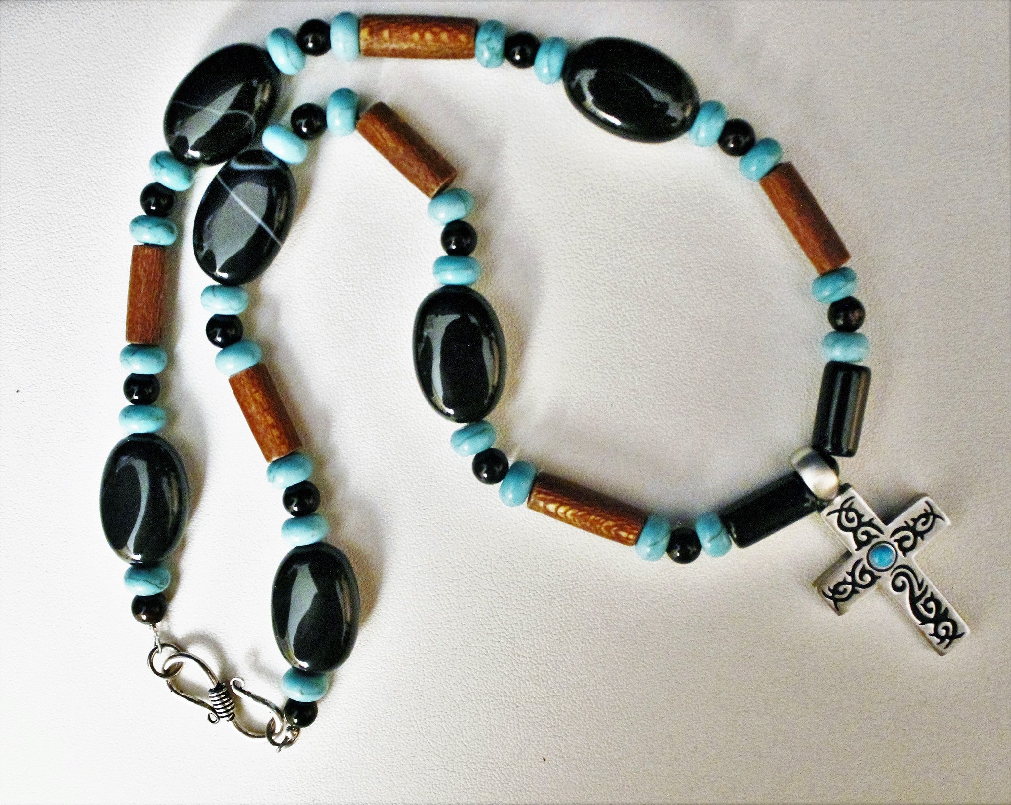 Men's Celtic Cross with Turquoise, Black Agate and Wood Necklace