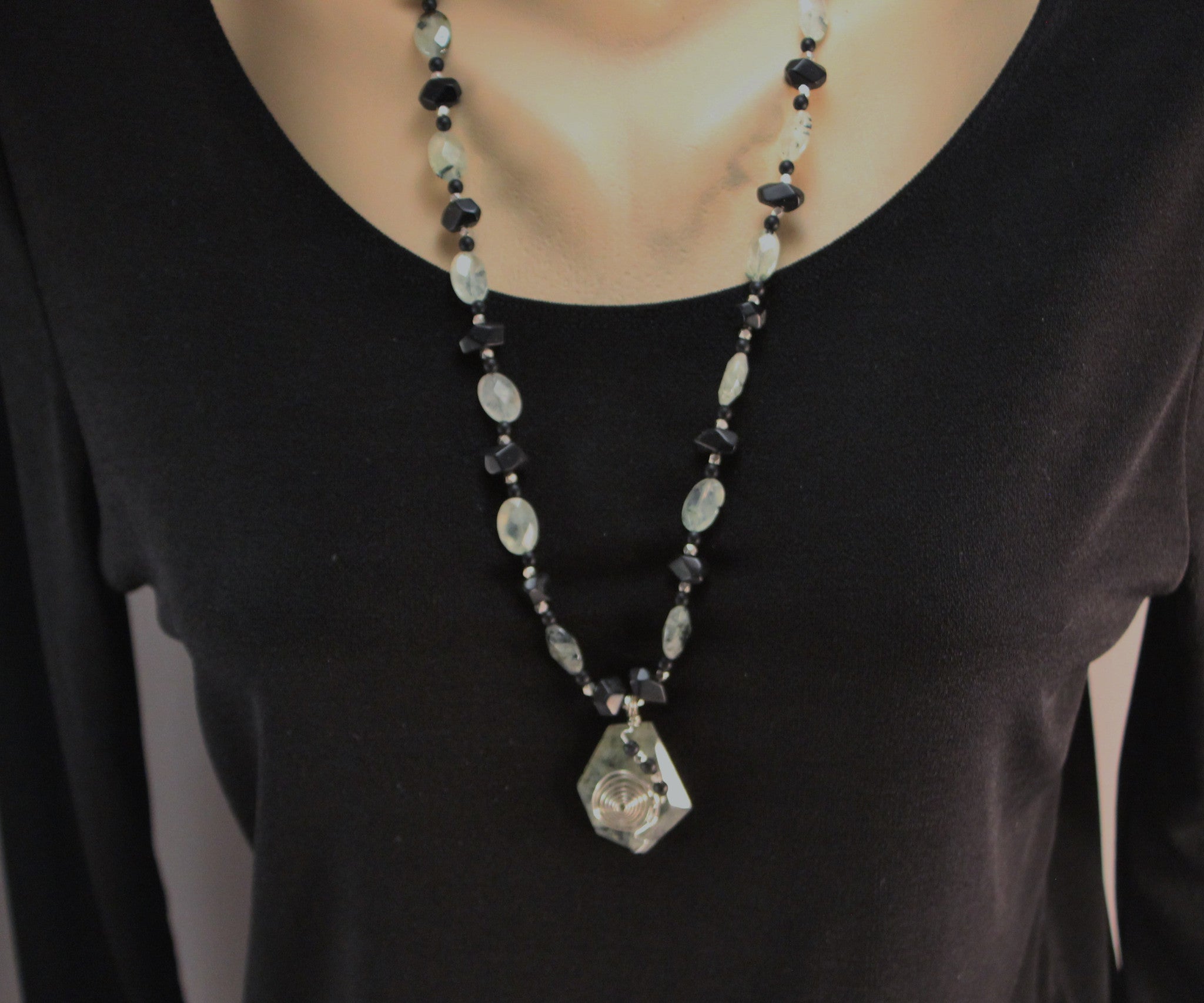 Prehnite Faceted Trapezoid Pendant and Oval Beads, Black Onyx and Sterling Necklace