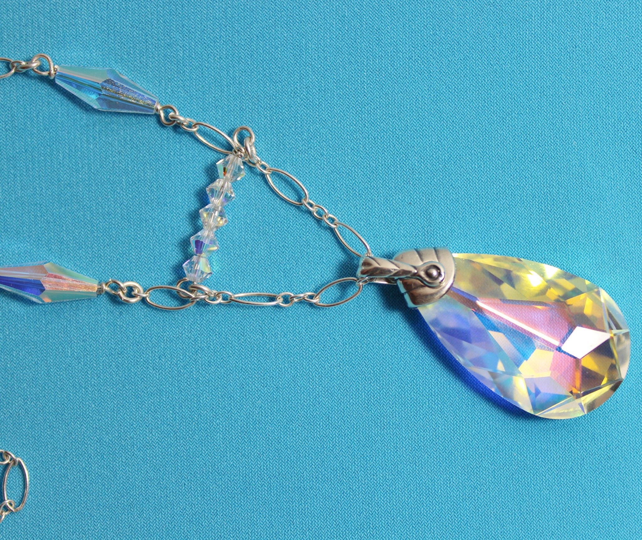 Swarovski AB Crystal Teardrop Pendant with AB Crystals on Sterling Chain