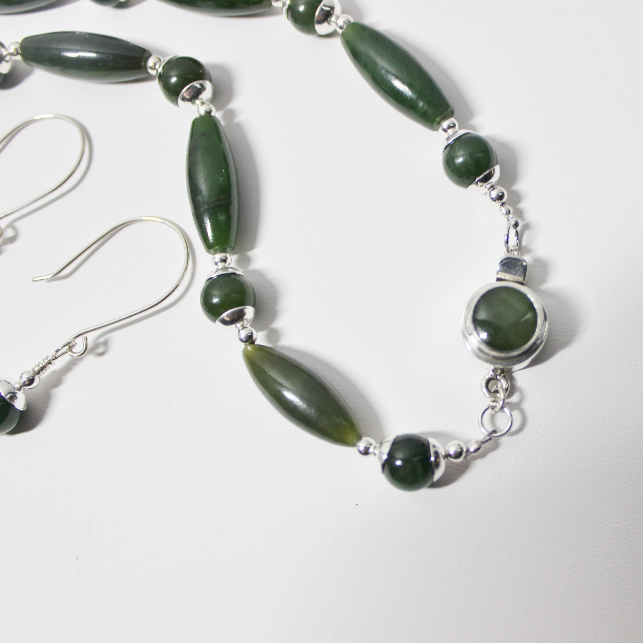 Dark Green Natural Gemstone Nephrite Jade and Sterling Necklace and Earrings