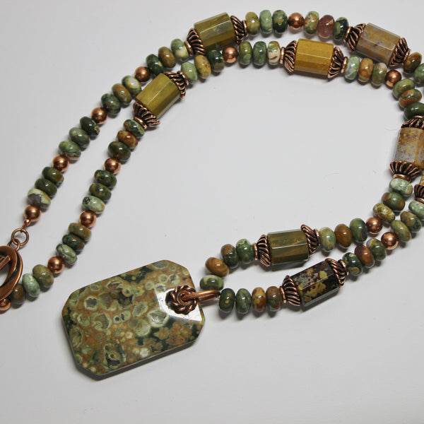 Multi-Color Rhyolite Gemstone Pendant and Beads with Copper Necklace ...