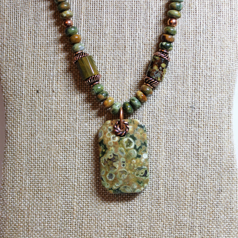 Multi-Color Rhyolite Gemstone Pendant and Beads with Copper Necklace ...