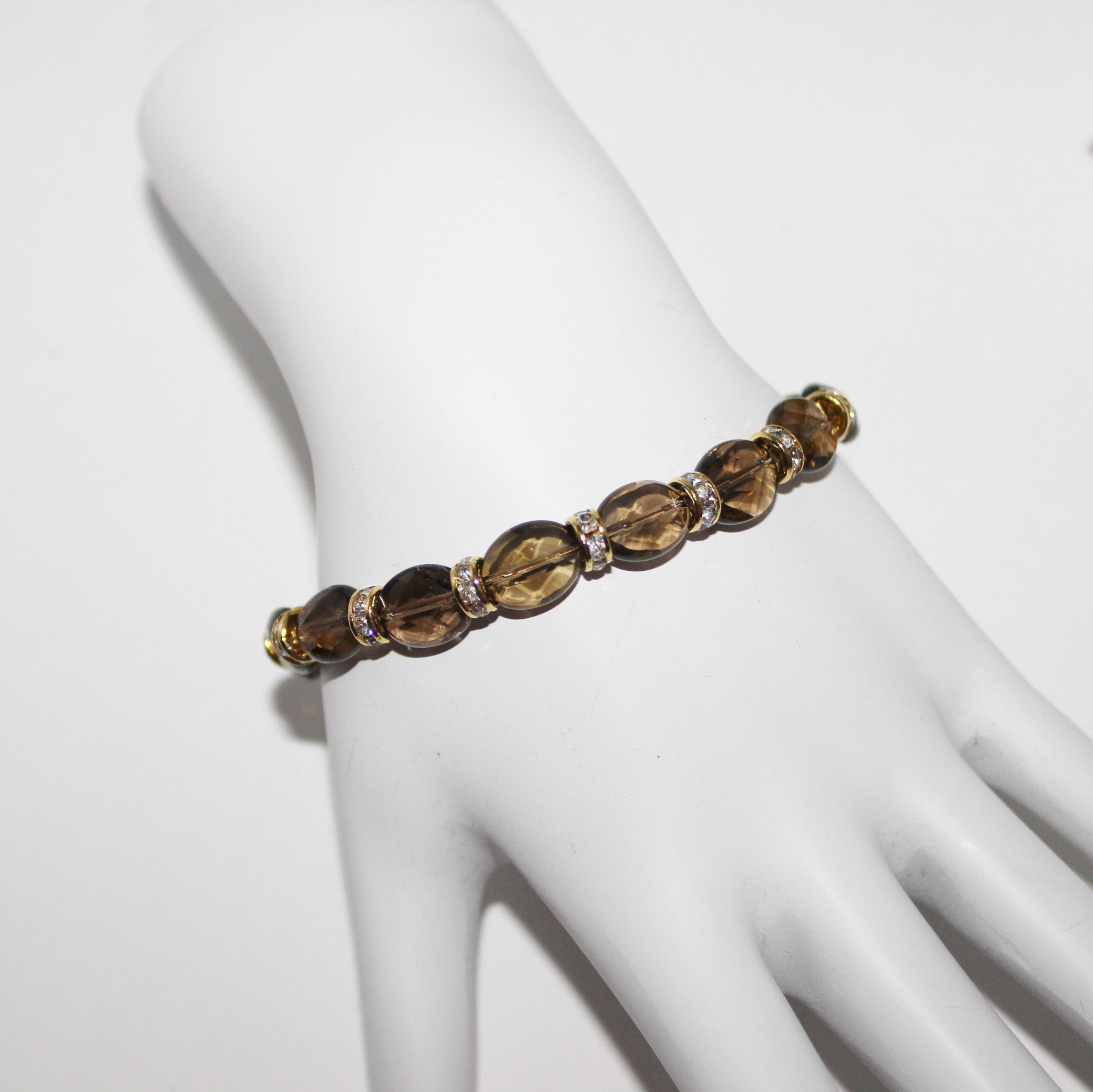 Smoky Quartz Gemstone and Swarovski Crystal Rondelles Gold Filled Bracelet