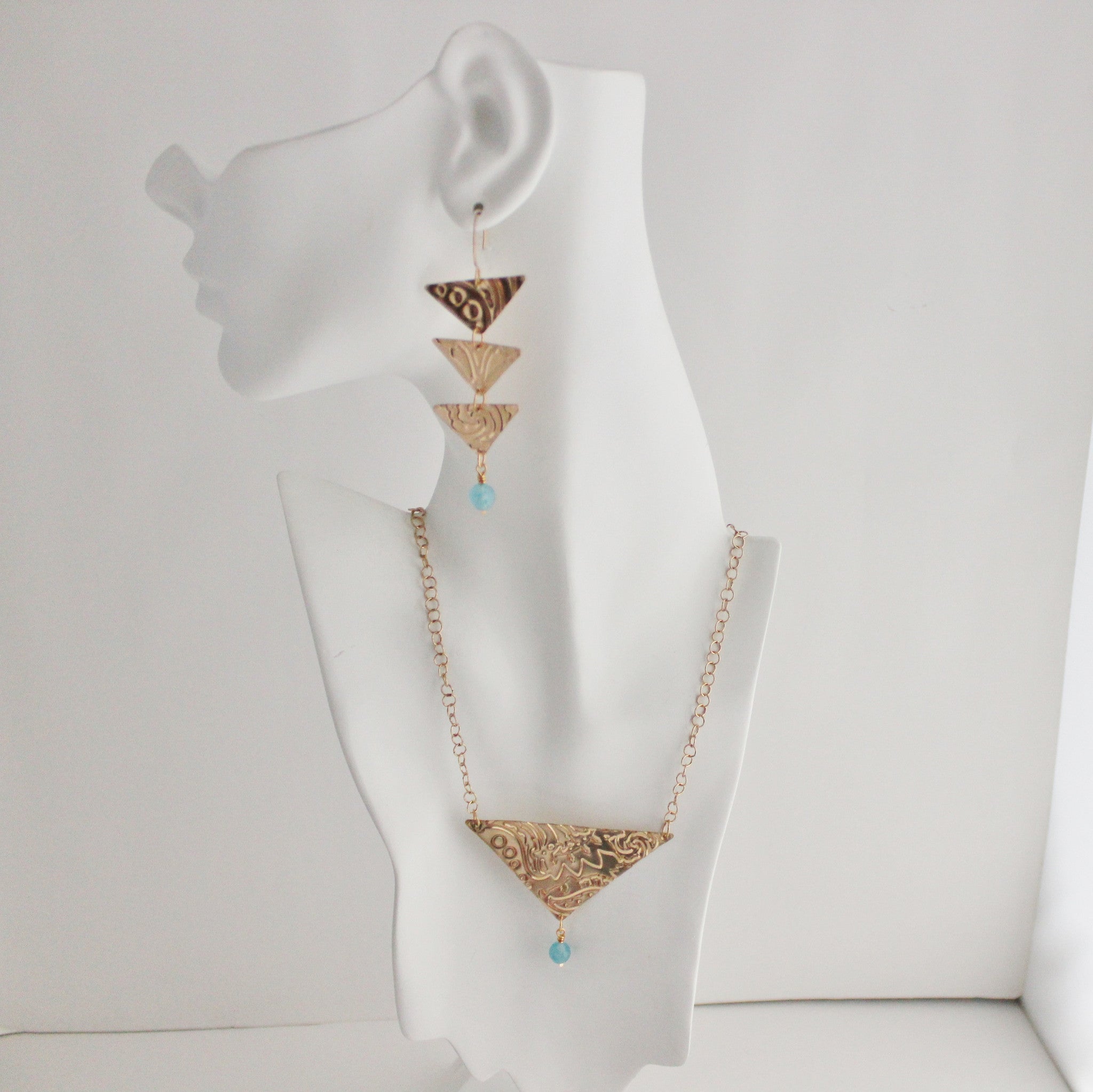 Bronze Embossed Triangular Pendant with Chalcedony Necklace and Earring Set