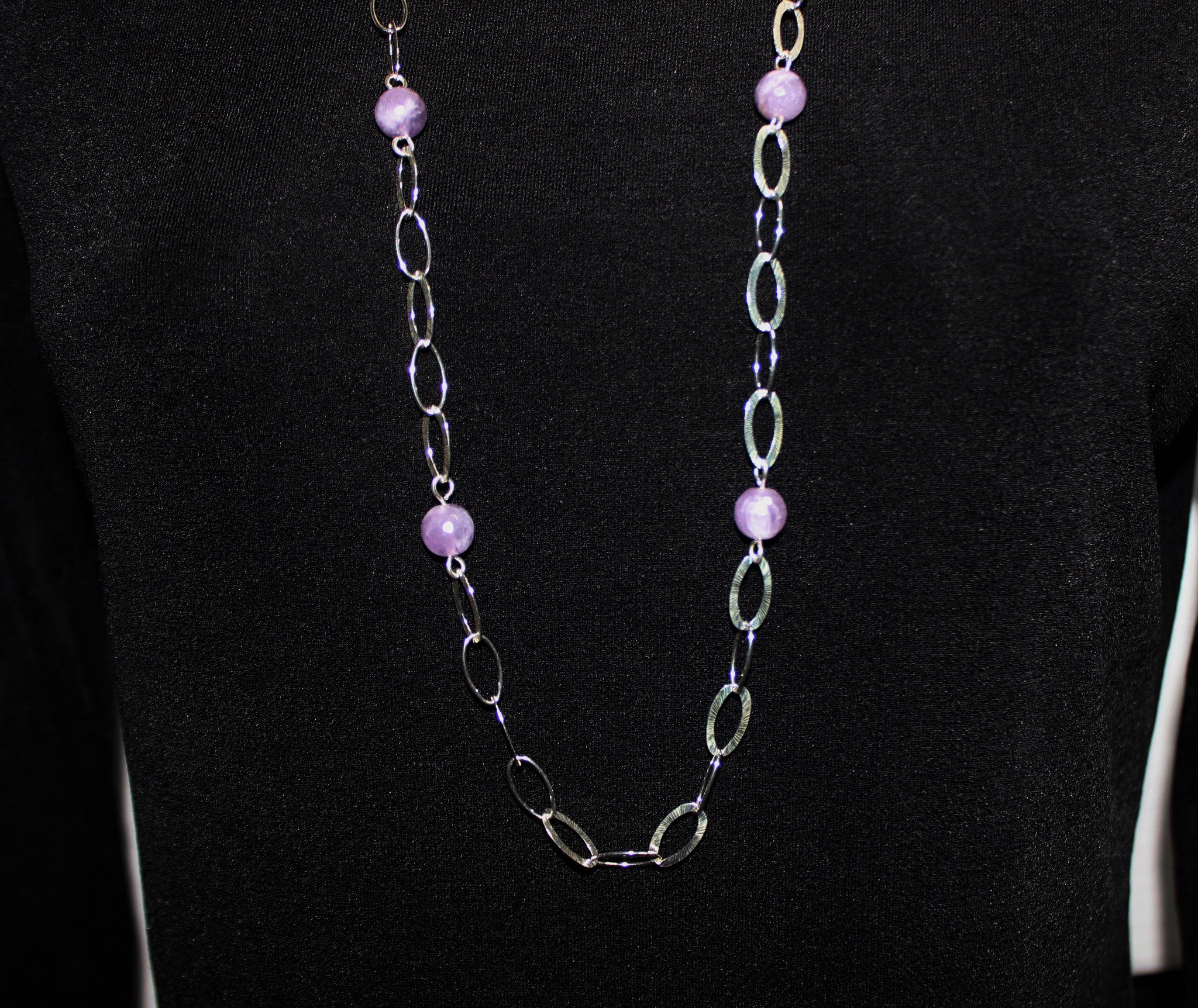 Long Necklace with Large Oval Link Silver Filled Chain and Light Amethyst Gemstone Beads