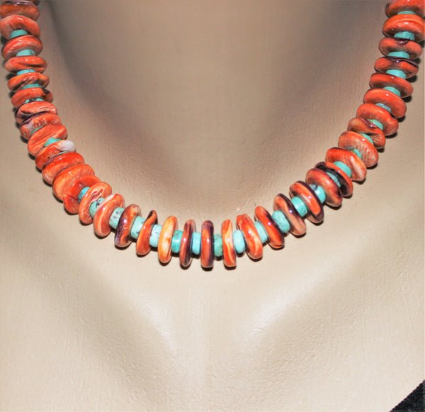 Southwest Orange Spiny Oyster and Turquoise Sterling Choker Necklace S