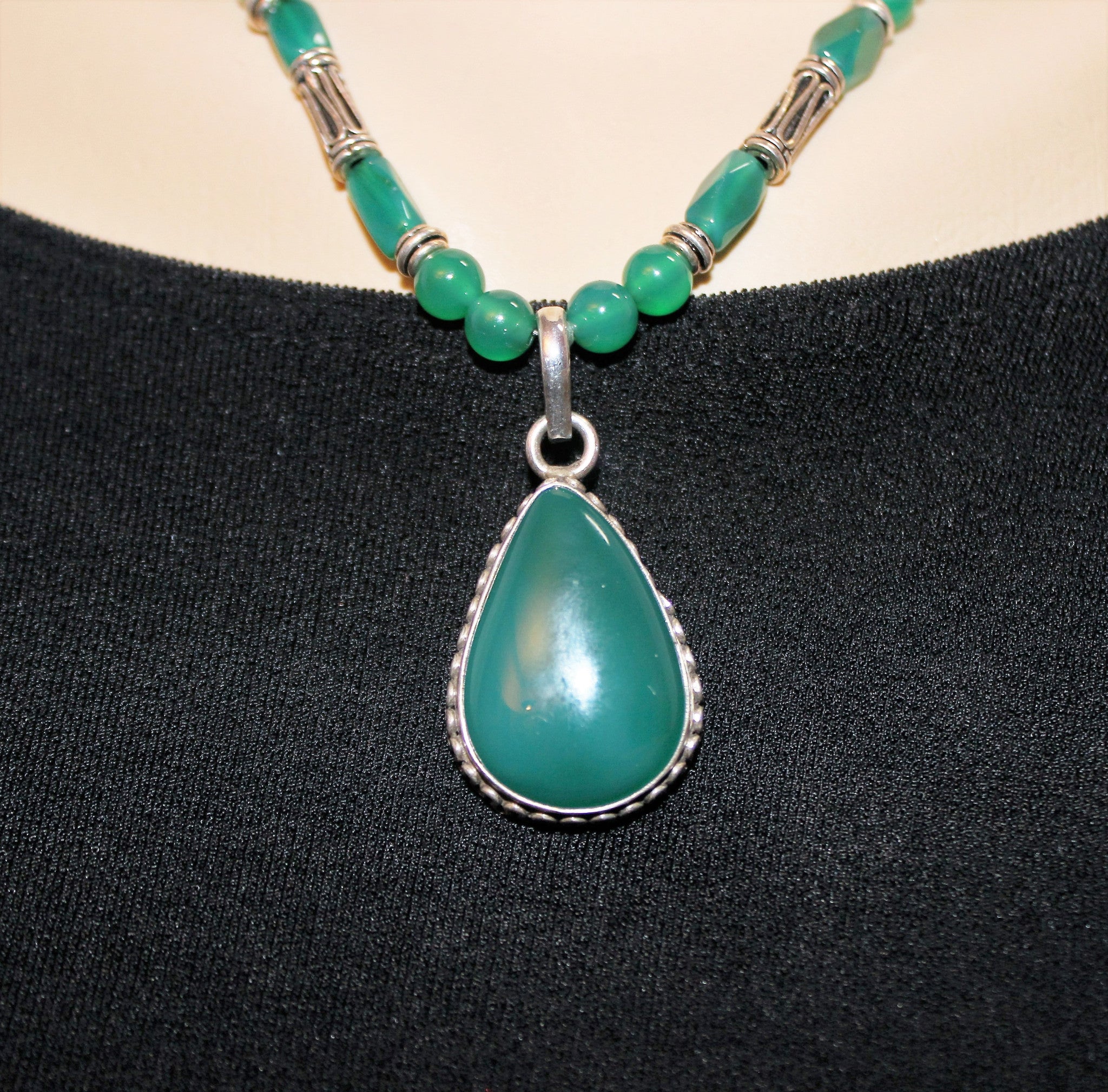 Native American Green Onyx Pendant and Beads with Sterling Necklace