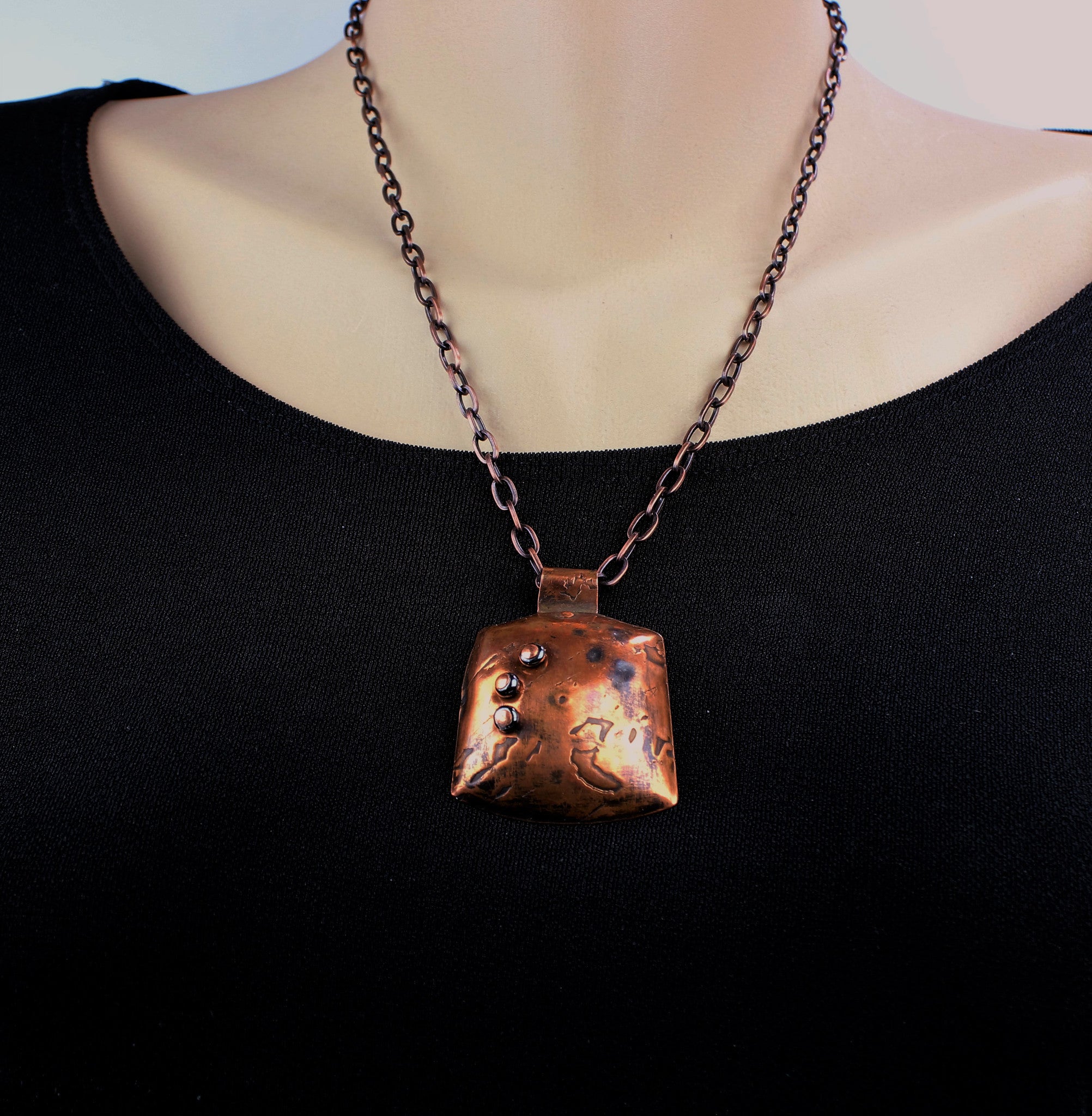 Textured Copper Pendant with Black Seed Beads on Copper Chain