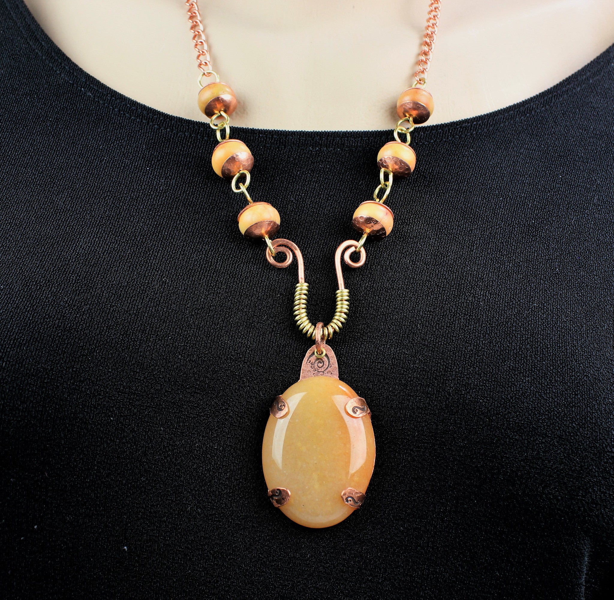 Sun Agate Pendant and Beads with Copper and Brass on Copper Chain