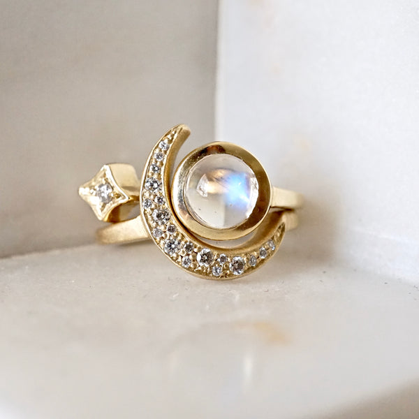 Pave Diamond Crescent Moon Ring - Gold Crescent Ring - Moon Phase Gold ...