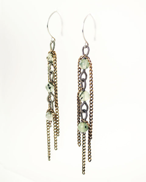 Silver and brass long dangle earrings with green Prehnite – Exquistry