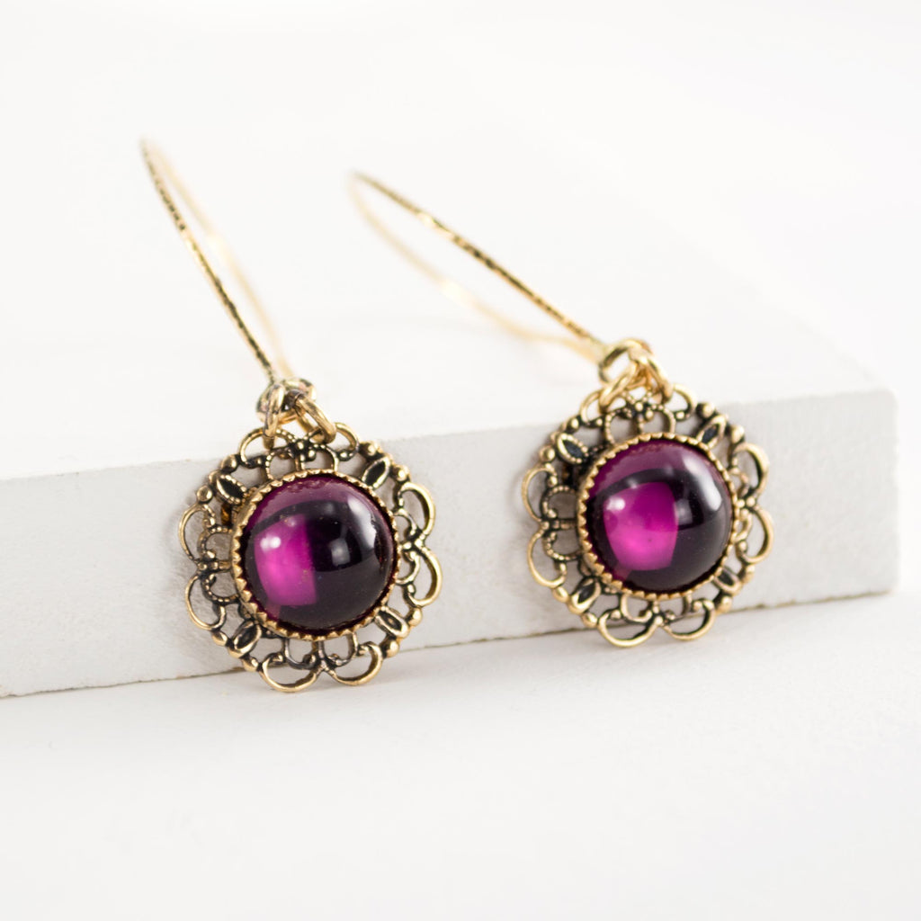 Eggplant purple colored drop earrings with vintage filigree – Exquistry