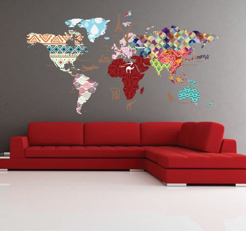 World Map Vinyl Wall Decal Cultural World Map Decal  Pattern Map Wall Decal   Clear Vinyl 