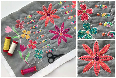 A montage showing bright printed flowers on a grey fabcric background with embroidered decoration to create a quilted effectt