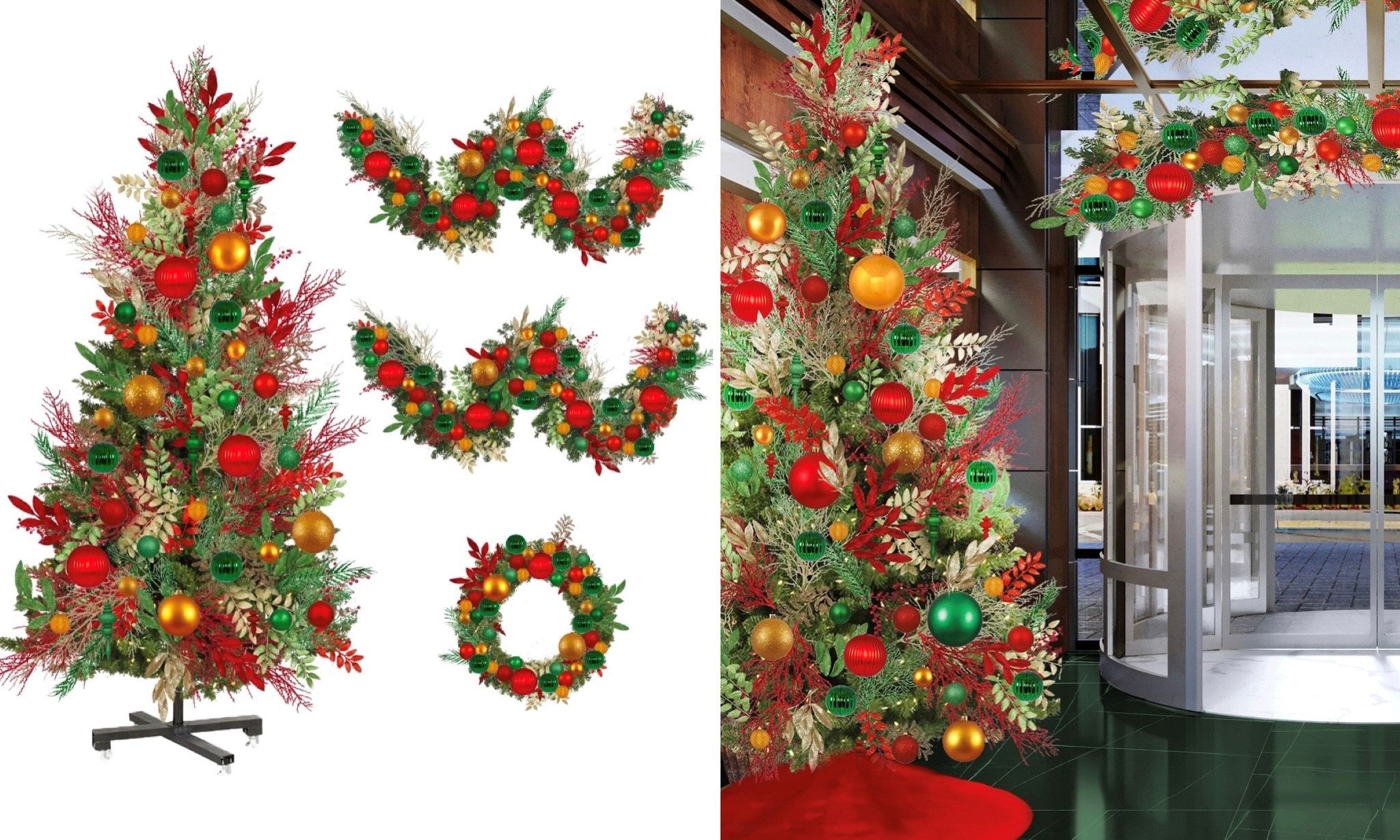 Mistletoe Magic Pre-Decorated Christmas Tree bundle in building lobby