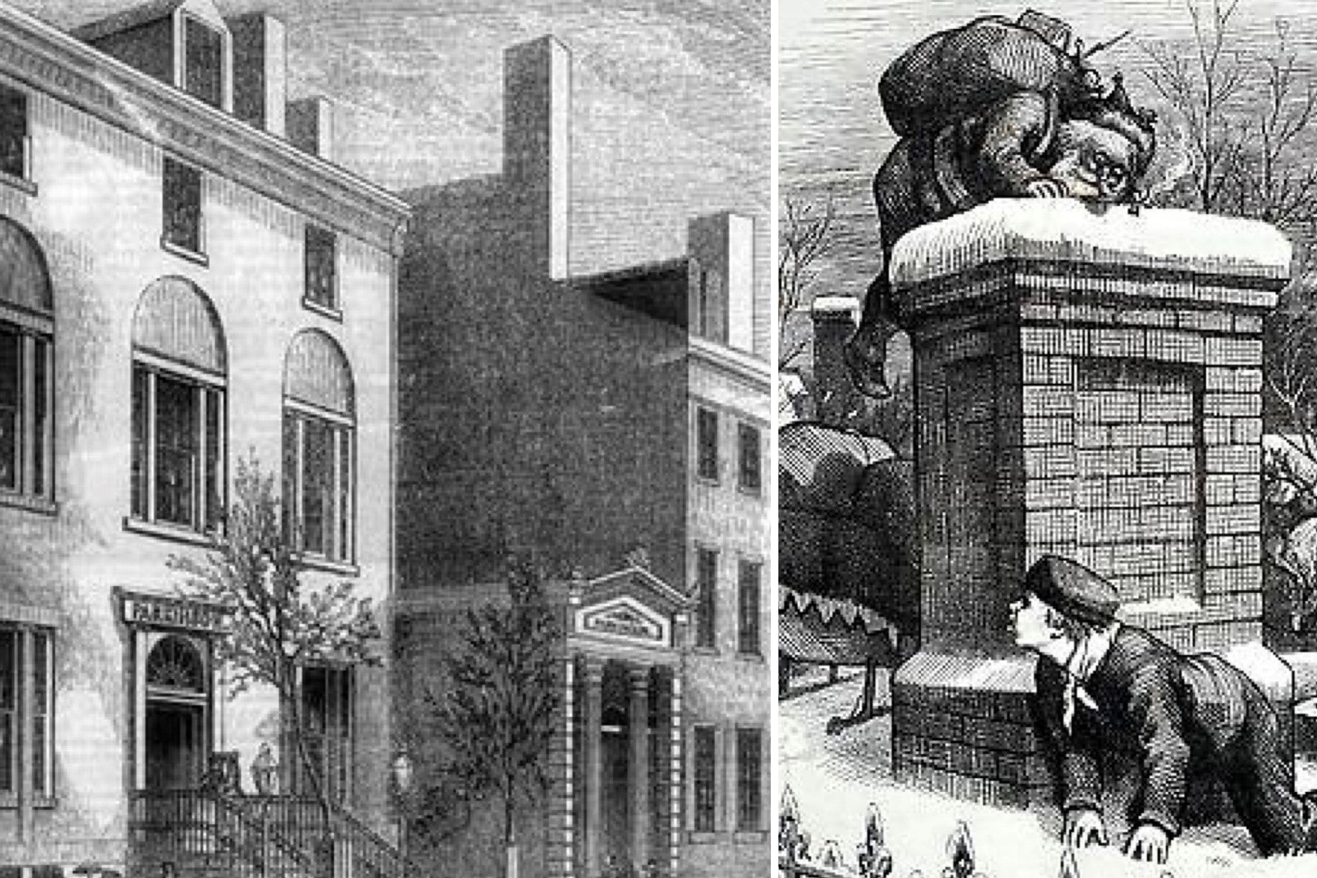 Left: Drawing of Parkinson's Store. Right: Thomas Nast Santa artwork