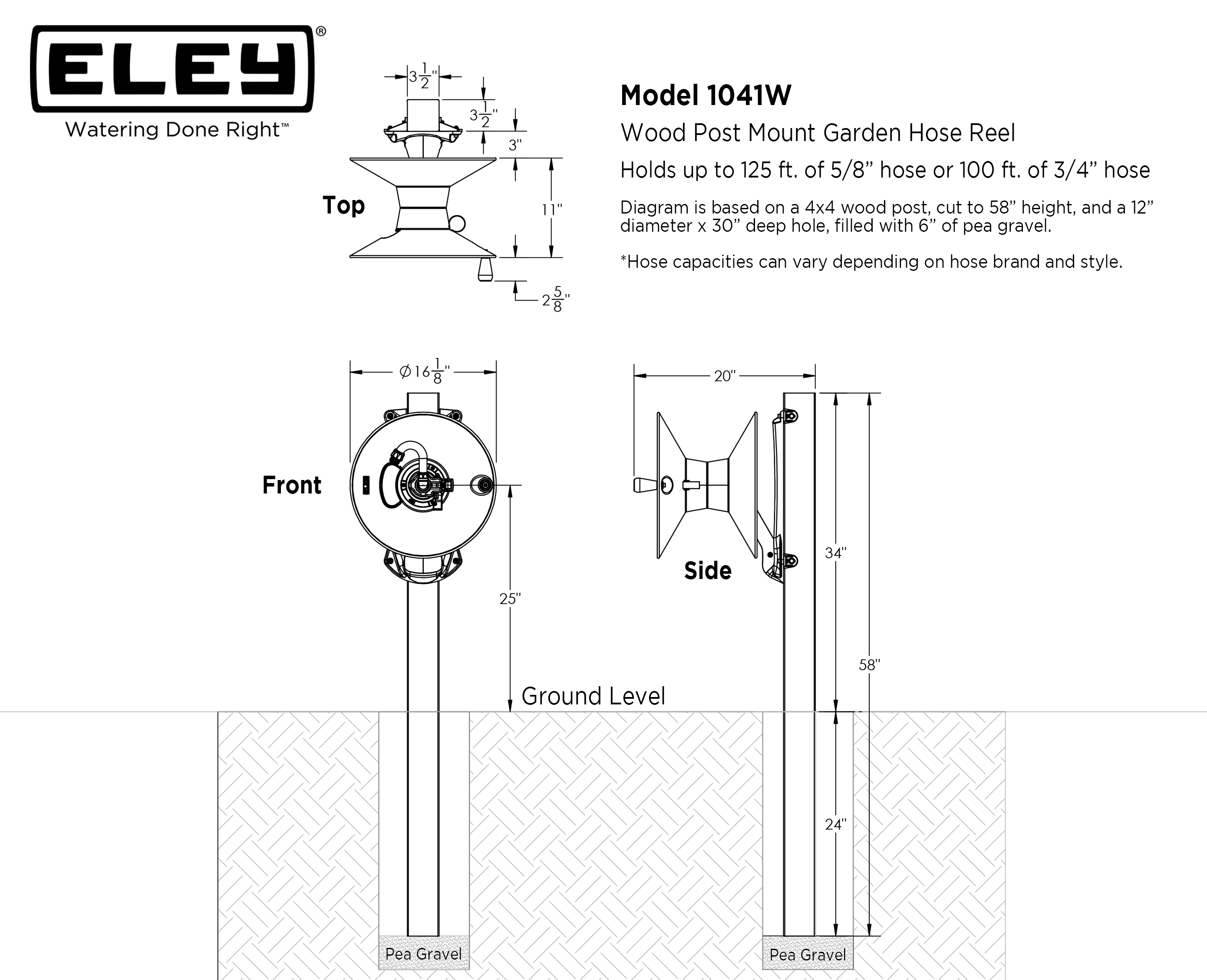 ELEY Model 1041W wood post garden hose reel dimensions