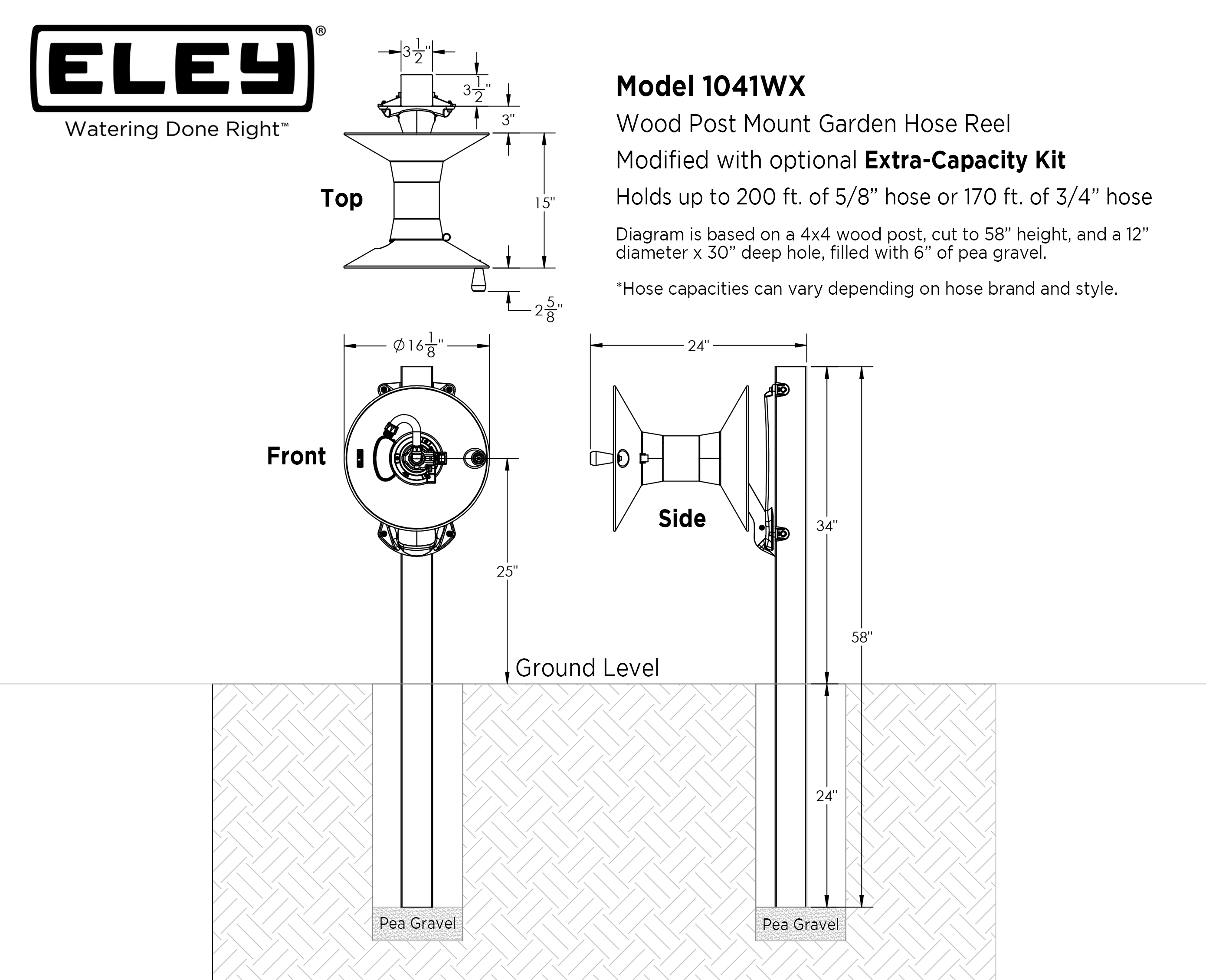 ELEY Model 1041WX wood post garden hose reel dimensions