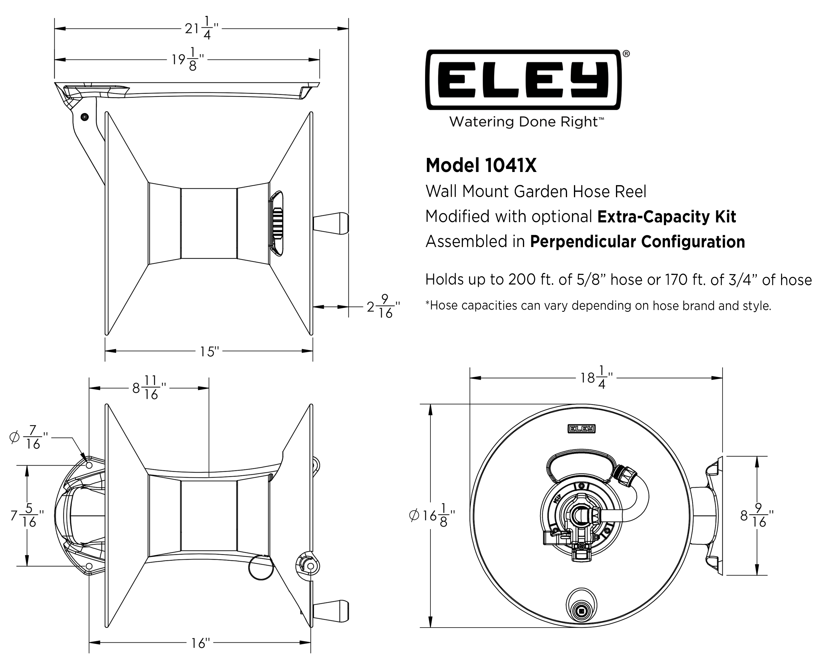ELEY Model 1041X wall mount garden hose reel dimensions