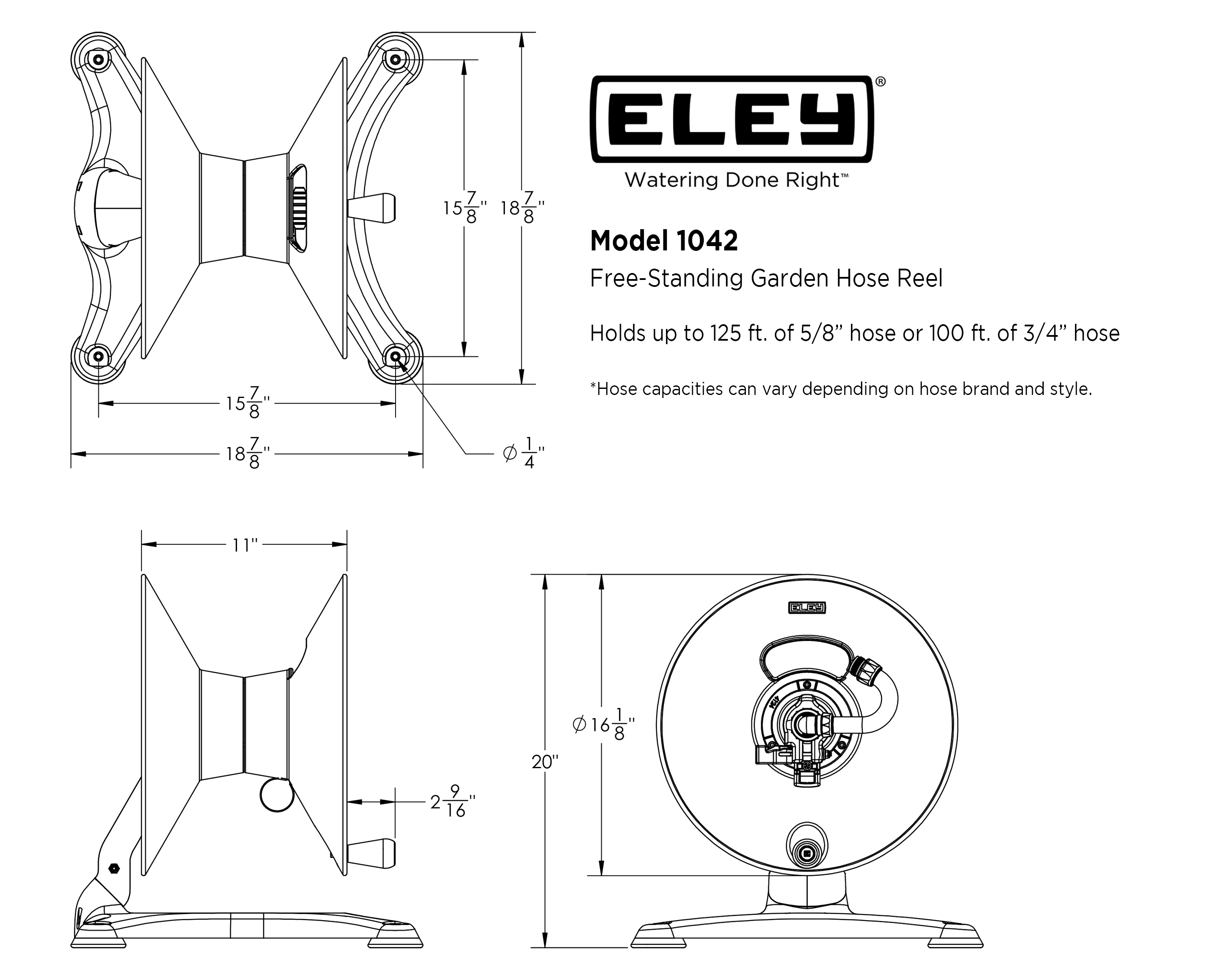 ELEY Model 1042 free-standing garden hose reel dimensions